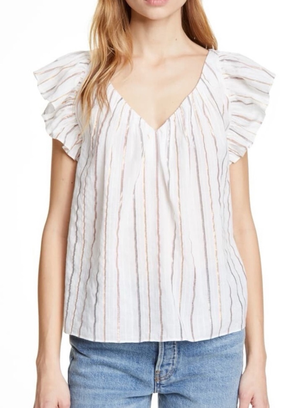 NWOT La Vie Rebecca Taylor Metallic Stripe Ruffle Short Sleeve Top Extra Small